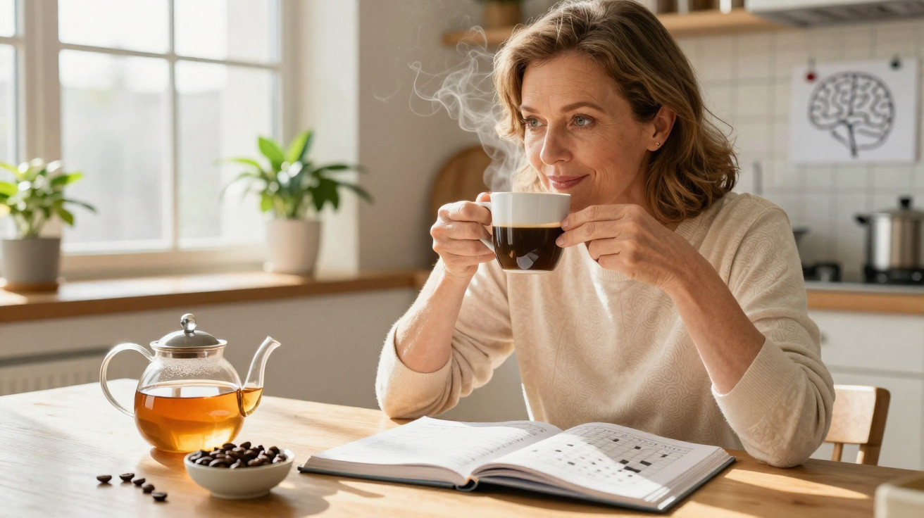 Woman enjoying a hot drink while sitting at a table with a crossword book, teapot, and coffee beans nearby.