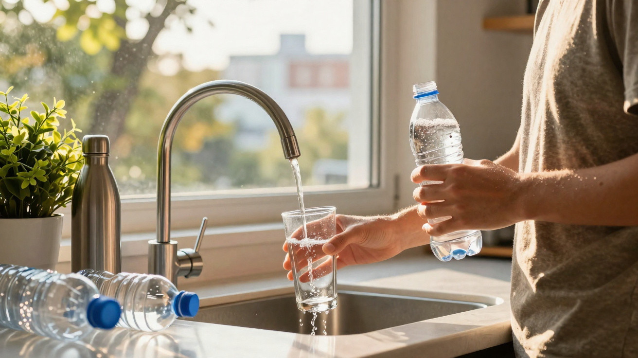 Person filling a glass with tap water at a kitchen sink, holding a plastic water bottle and surrounded by plants.