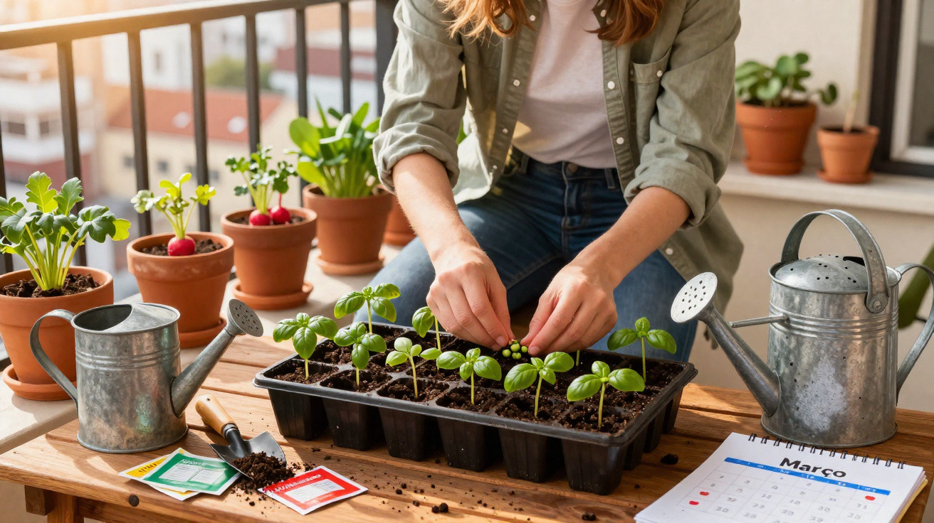 Person planting seedlings in a tray on a wooden table with gardening tools and pots nearby.