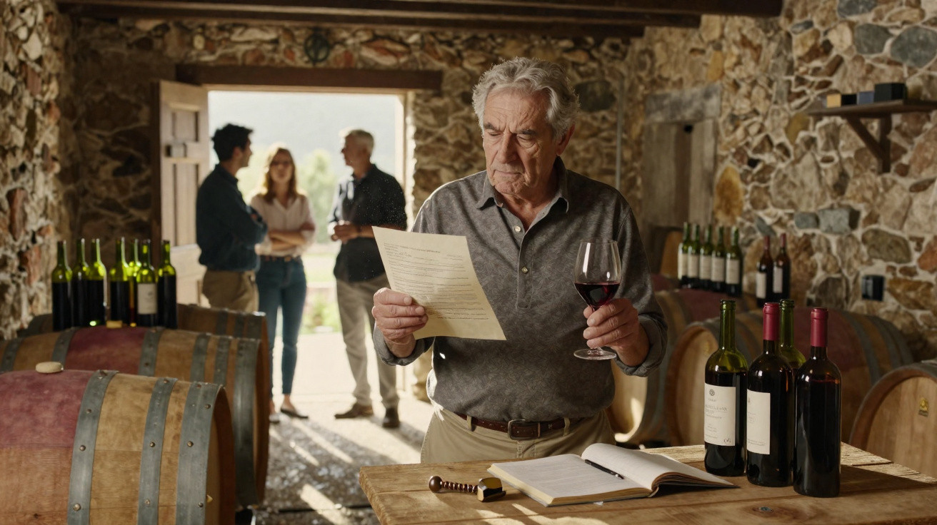 Older man holding glass of red wine and reading paper in rustic wine cellar with three people in background