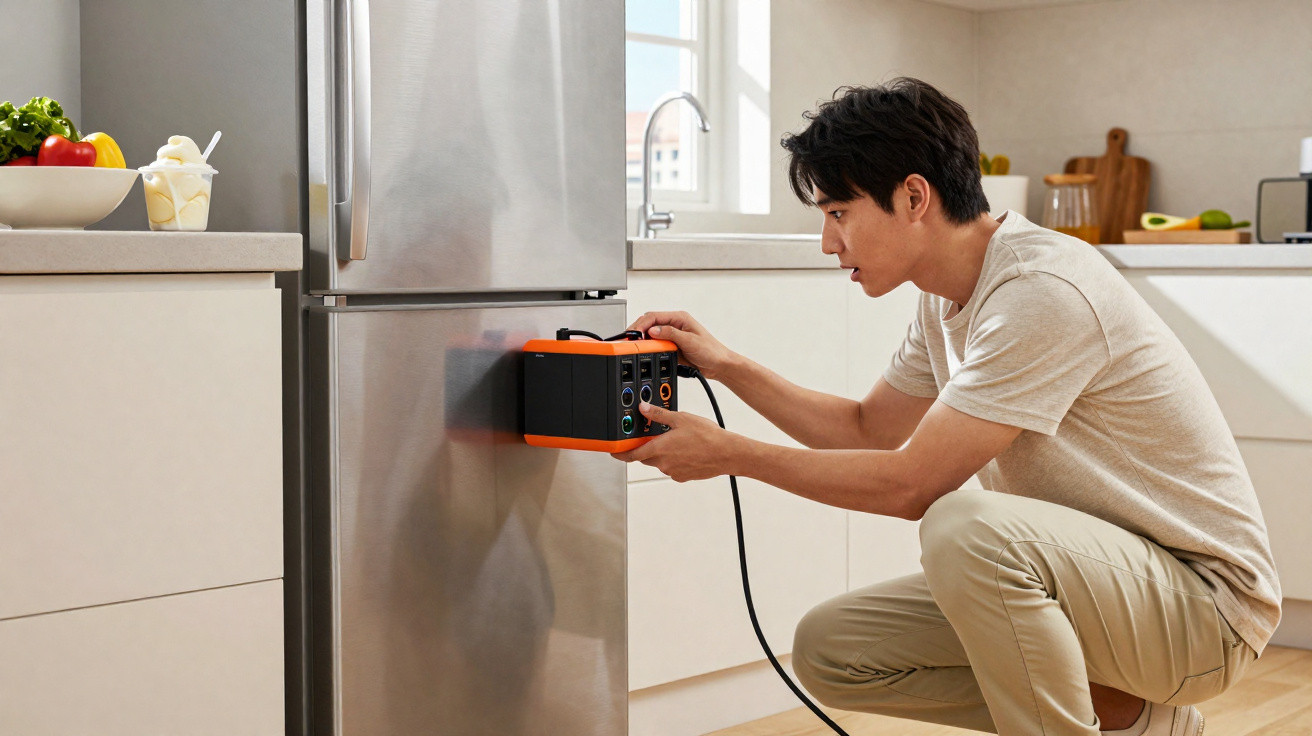 Man crouching next to a fridge, plugging a black and orange electronic device into its side in a modern kitchen.