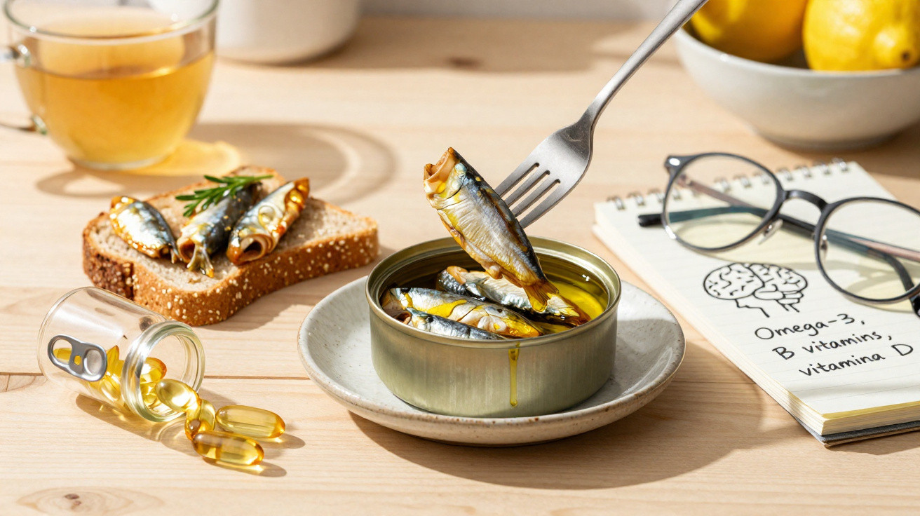 Open tin of sardines in oil with a fork lifting one, capsules spilled from a jar, tea, bread, and notes on vitamins.