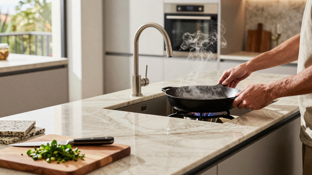 Person holding a steaming frying pan over a gas burner in a modern kitchen with chopped herbs on the counter.