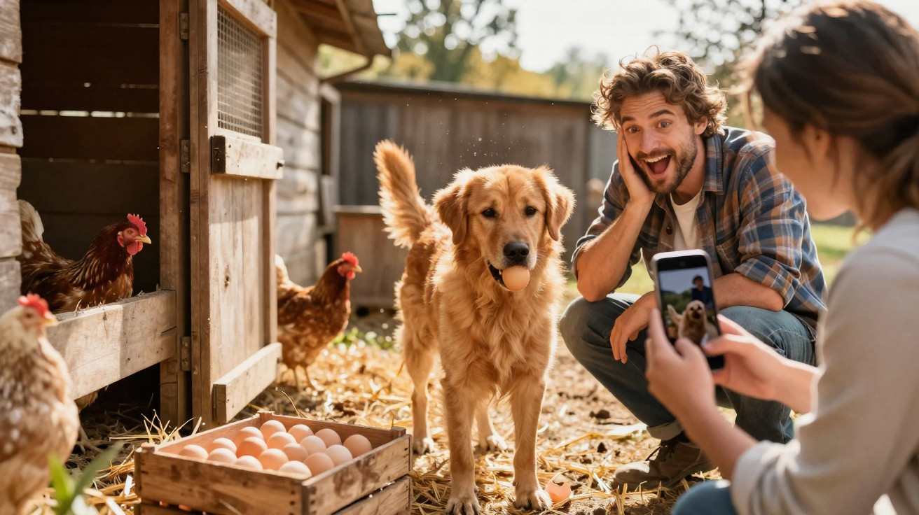 Man happily posing near golden retriever holding egg in mouth, while woman takes photo on farm with hens nearby.