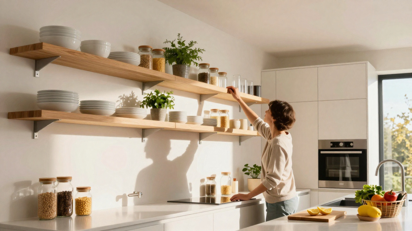 Person reaching for jars on wooden shelves in a bright, modern kitchen with white cabinets and countertop.