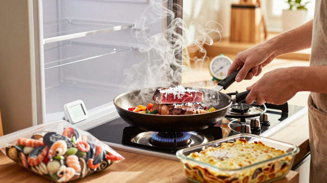 Person cooking steak with vegetables in a frying pan on a gas stove with seafood and lasagna nearby.