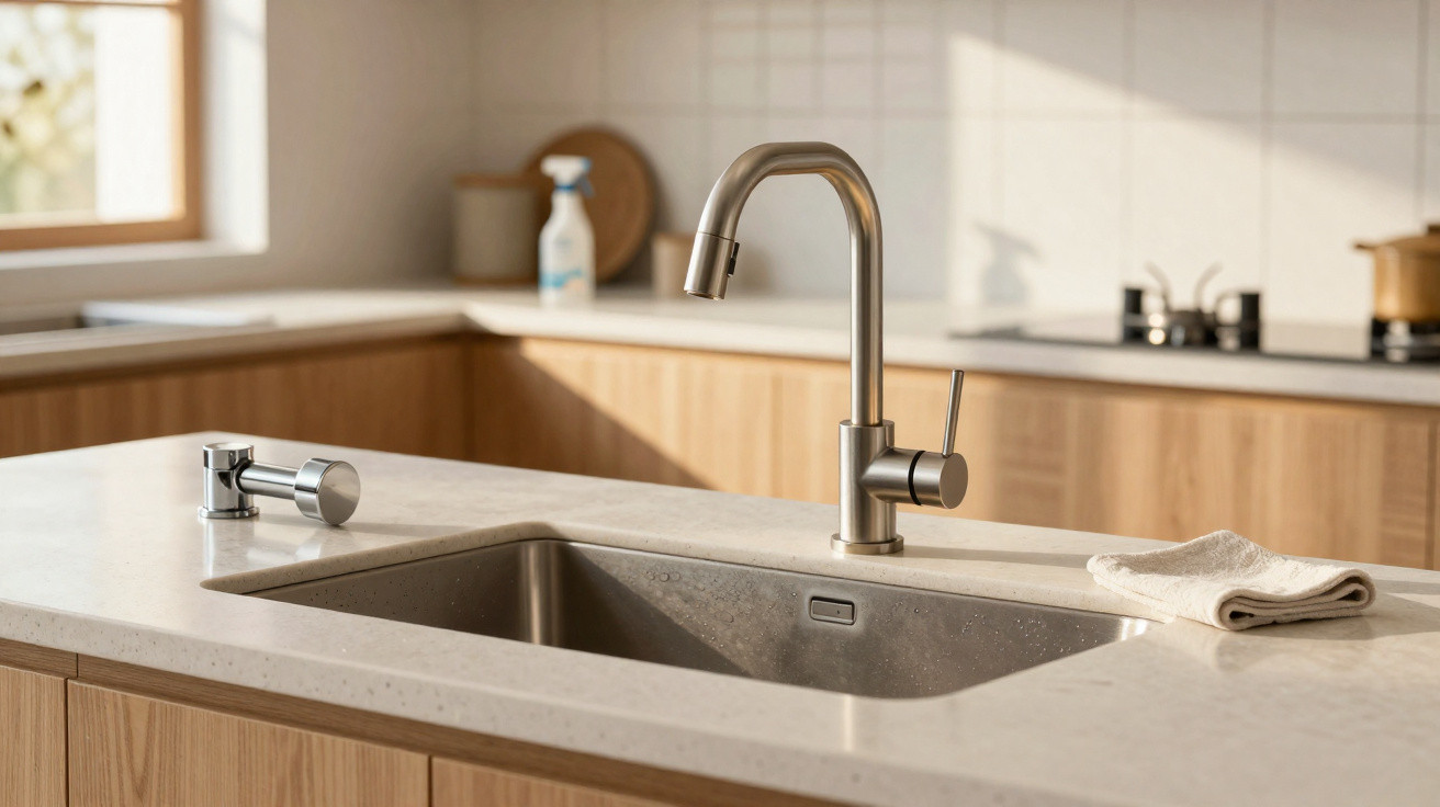 Modern kitchen sink with stainless steel faucet and beige cloth on a light stone countertop.