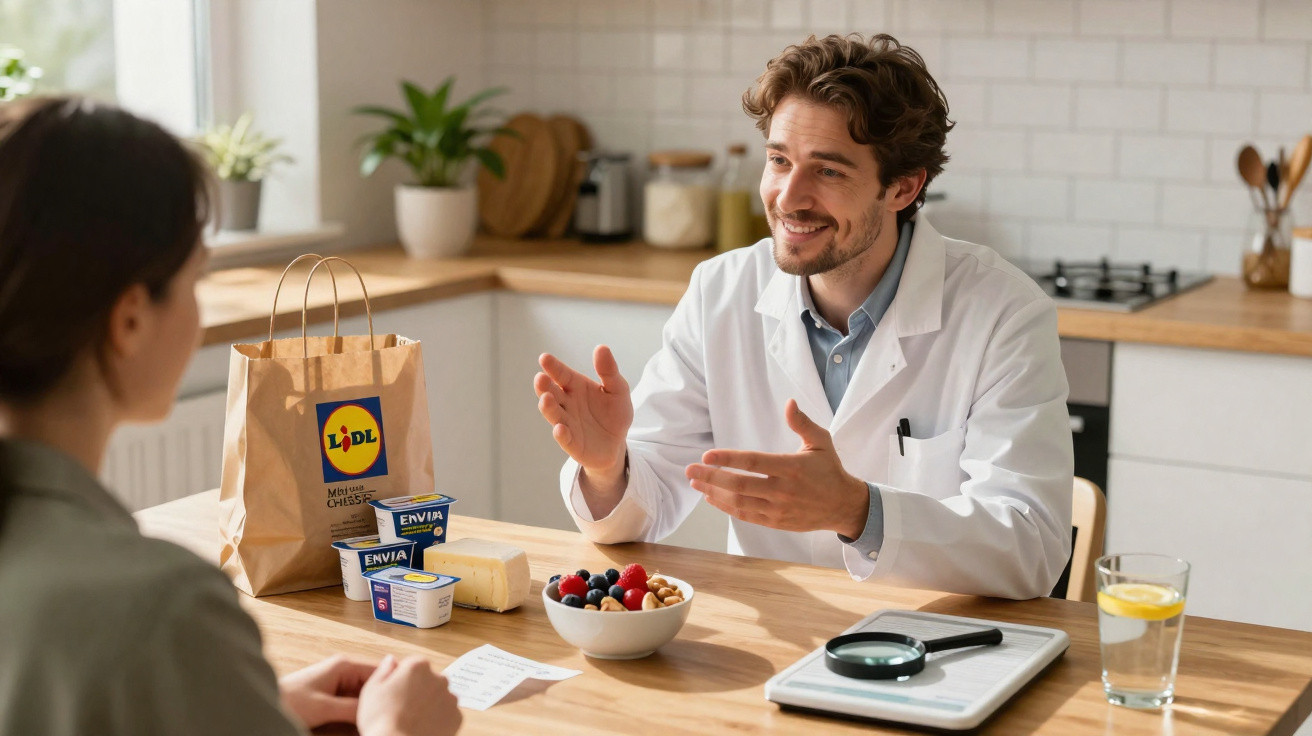 Nutritionist consulting a woman in a kitchen with Lidl grocery items and a bowl of berries and nuts.