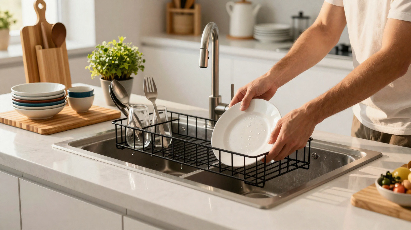 Person placing a wet white plate onto a black dish rack inside a modern kitchen sink.