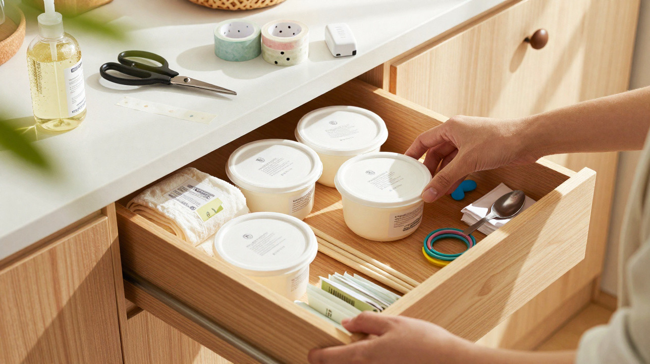 Person organising wooden drawer with food containers, utensils, and stationery under white countertop