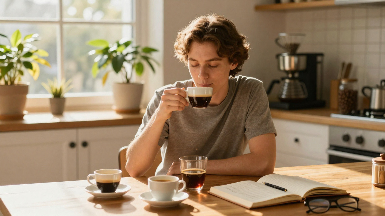 Young man in grey t-shirt sipping coffee at a kitchen table with cups, a glass, notebook, and glasses.