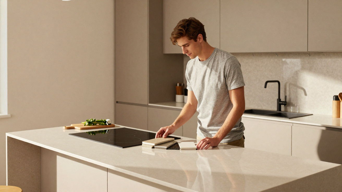 Young man in a grey t-shirt reading a book in a modern kitchen with beige cabinets and a marble island.