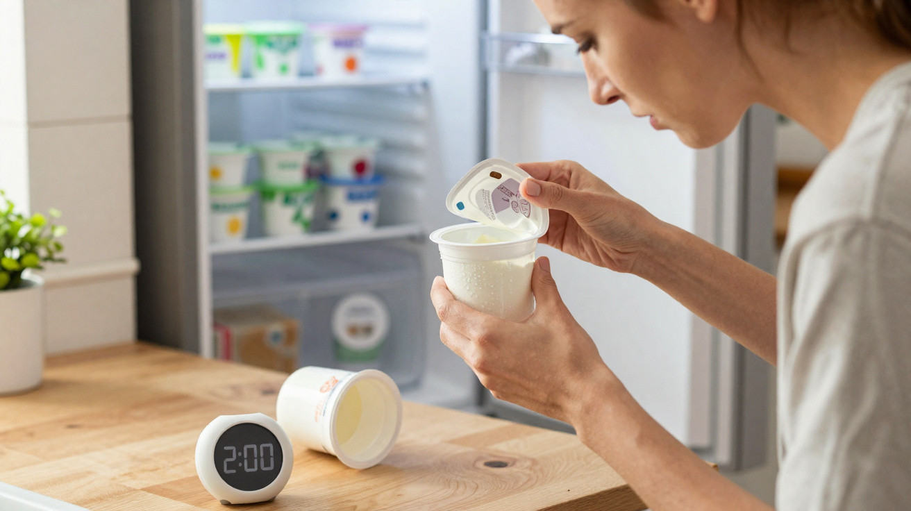 Person opening a pot of yogurt in a kitchen with a fridge and digital timer on the counter.