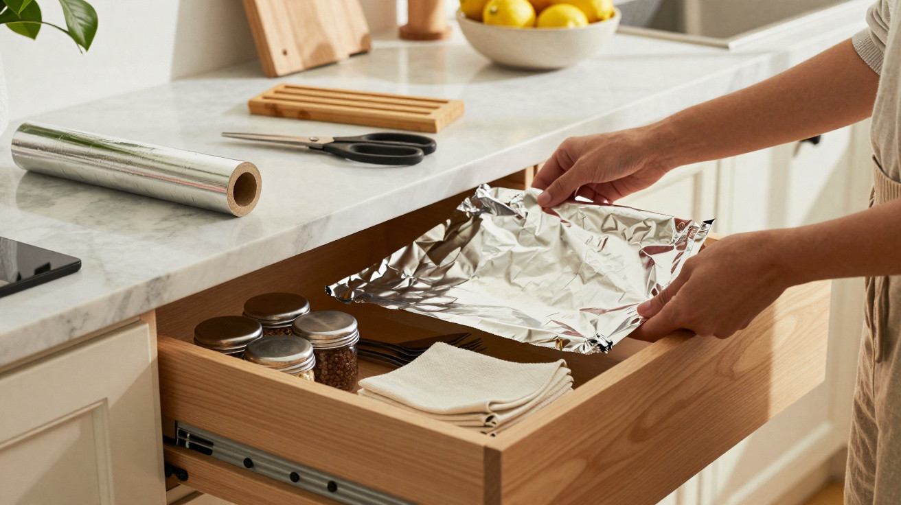 Person placing aluminium foil into a kitchen drawer with spices, napkins, and a roll of cling film on the counter.