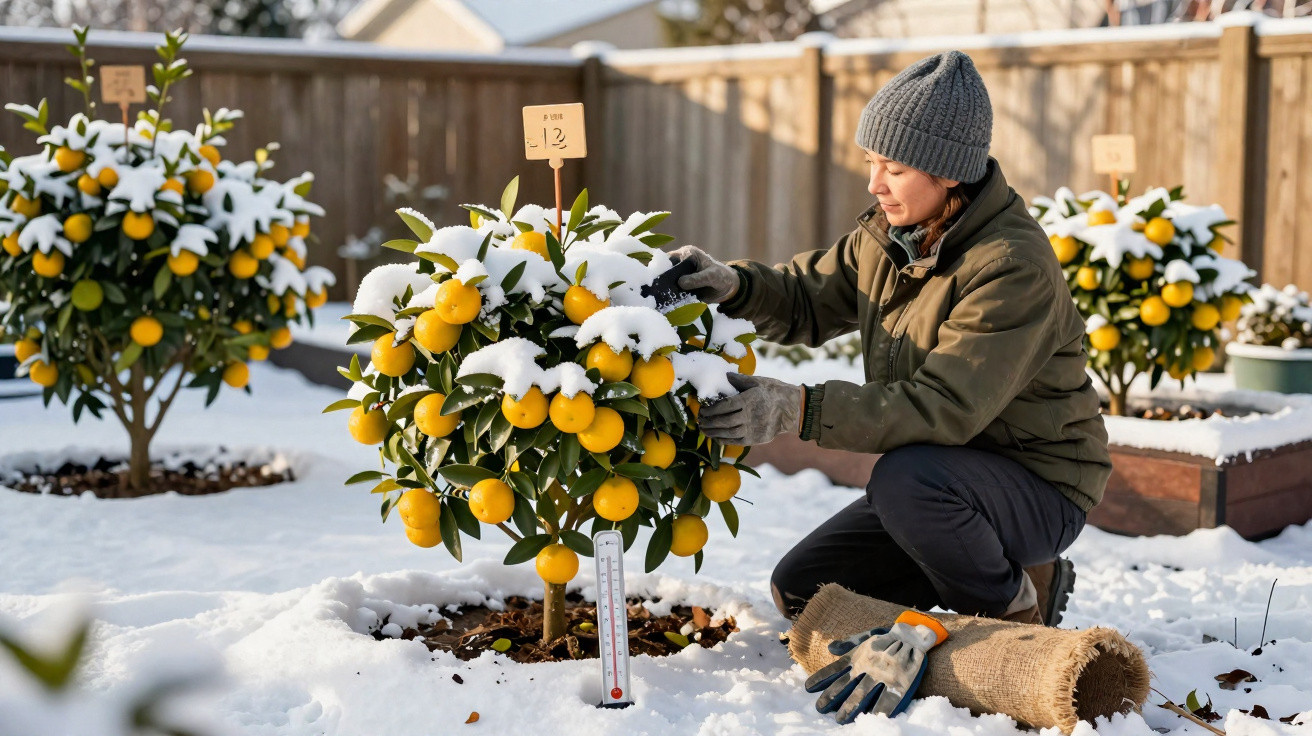 Person wearing winter clothes tending to snow-covered orange trees in a snowy garden.