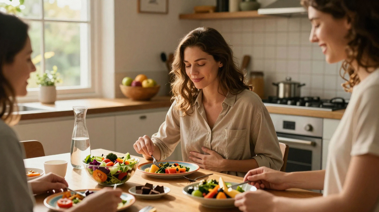 Three women enjoying a healthy meal together at a kitchen table with fresh salad and water.