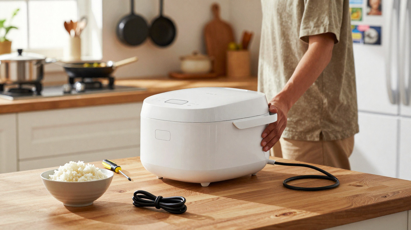 Person holding a white rice cooker on a kitchen table next to a bowl of cooked rice and a screwdriver.