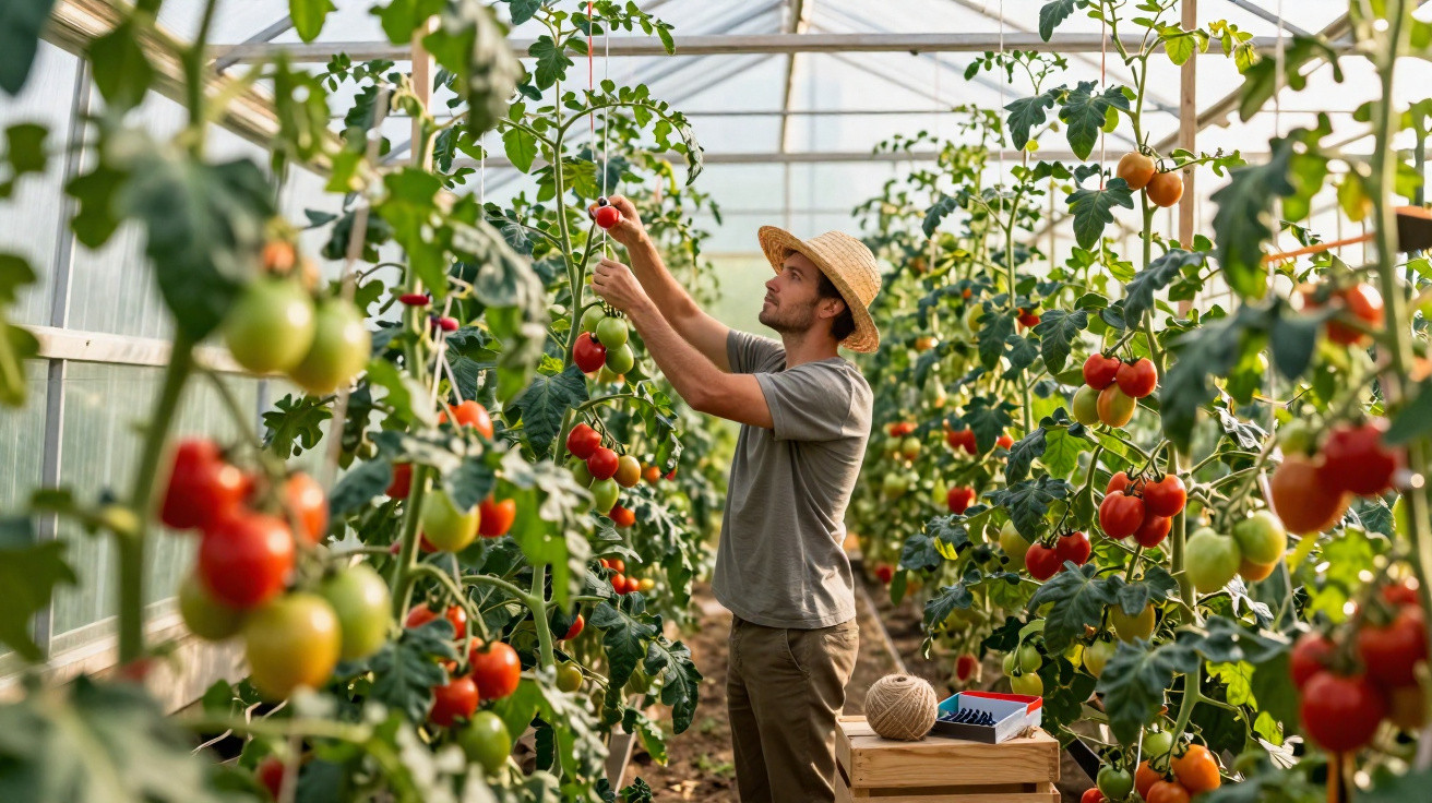 Man wearing a straw hat harvesting ripe tomatoes in a greenhouse full of tomato plants.