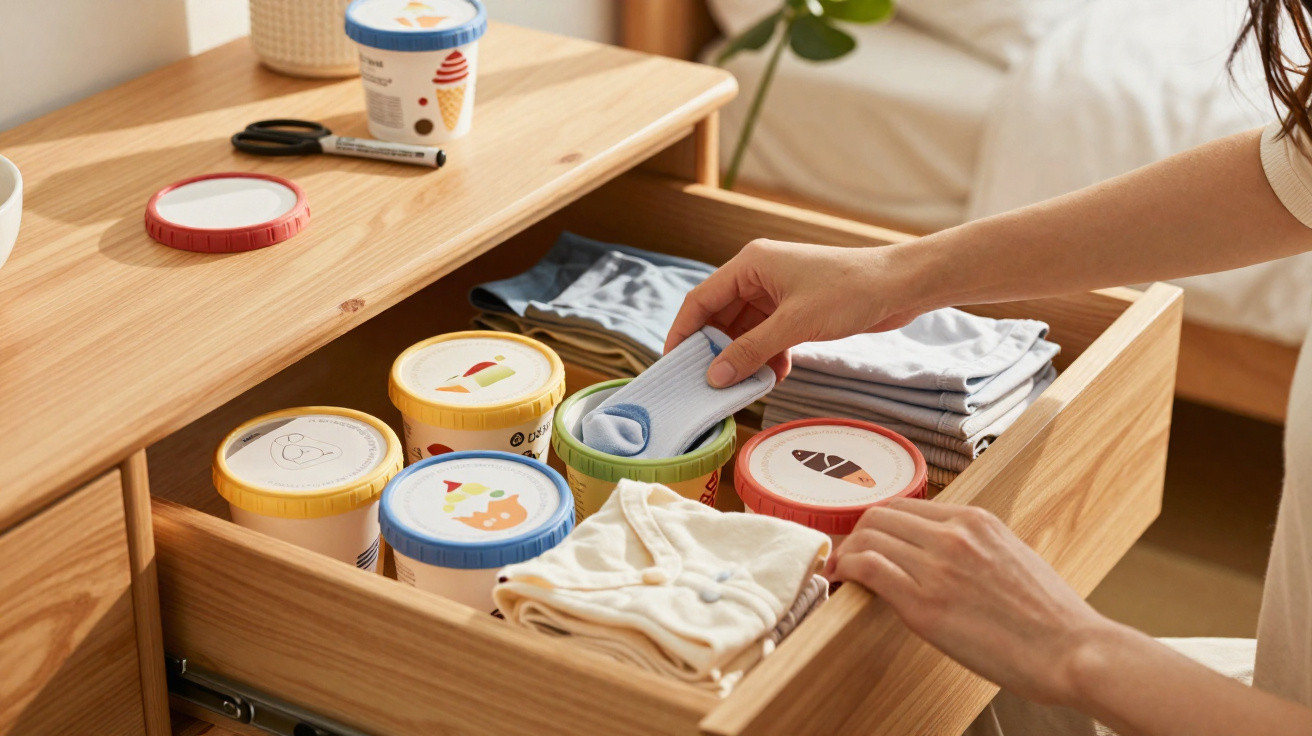 Person organising socks and baby clothes inside a wooden drawer with labelled ice cream tubs.