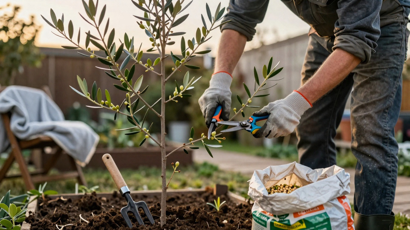 Person pruning an olive tree with secateurs in a garden at sunset.
