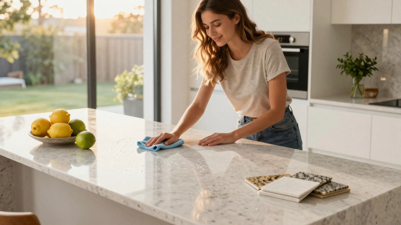 Woman cleaning a bright marble kitchen island with a cloth, lemons and tiles on the countertop.