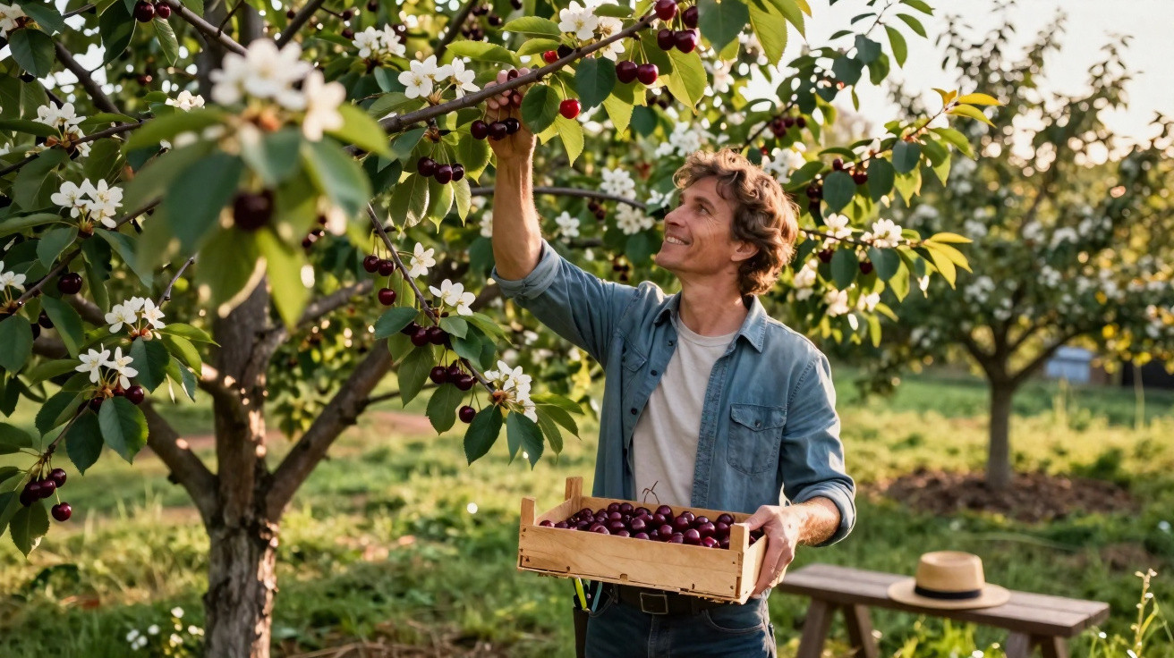 Man harvesting ripe cherries from a blossoming tree in a sunlit orchard holding a crate of fruit.
