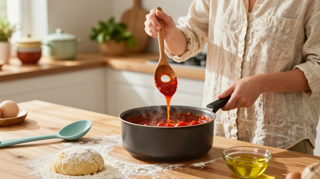Person stirring tomato sauce in a saucepan with dough, eggs, and olive oil on a wooden kitchen counter.
