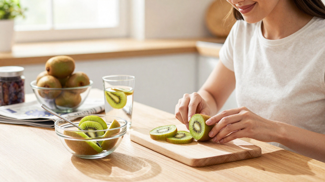 A person slicing fresh kiwi on a wooden board with bowls of kiwi and a glass of water on a kitchen table.