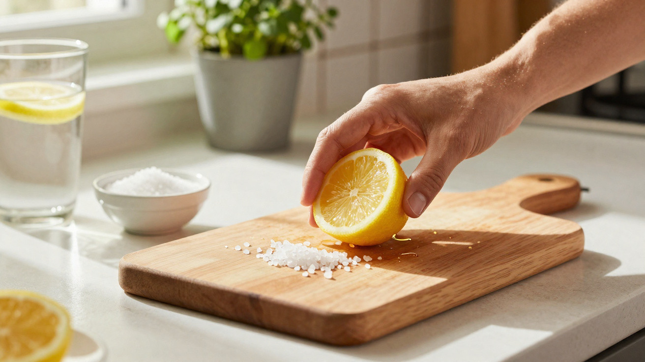 Hand holding half a lemon squeezing juice onto coarse salt on a wooden cutting board in a kitchen.
