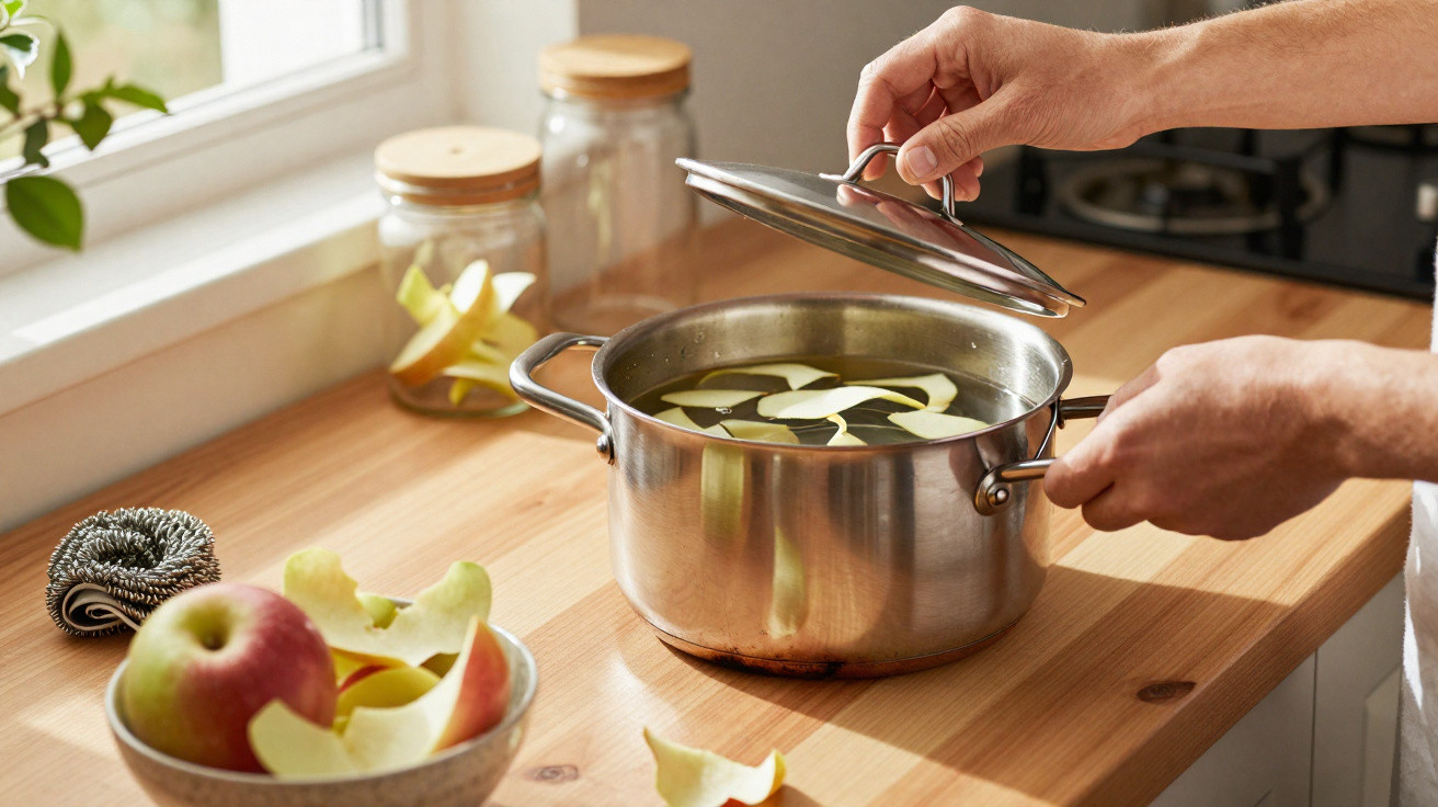 Hands lifting lid off a saucepan with apple peels soaking in water on a kitchen counter near a bowl of apples.