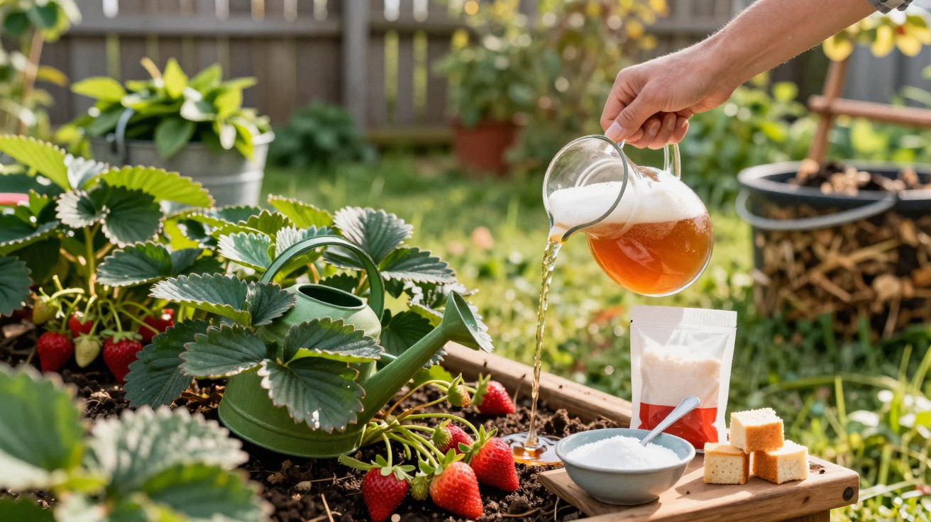 Hand pouring beer into soil near strawberry plants with watering can and gardening supplies outdoors.