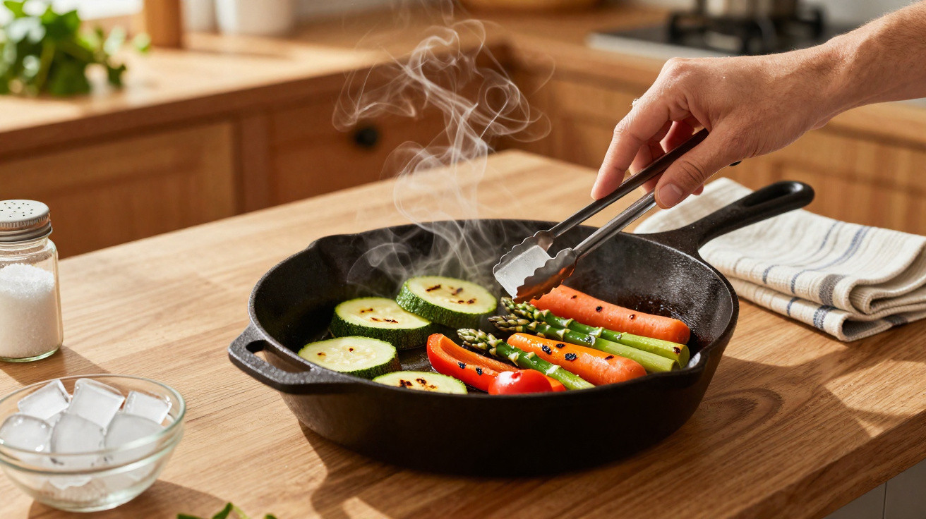 Hand cooking grilled vegetables including carrots, zucchini, and asparagus in a cast iron skillet on a wooden table.