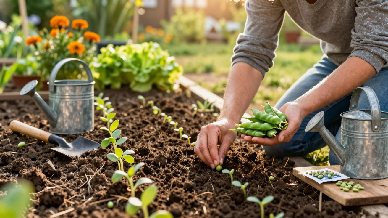 Person planting green pea seeds in garden soil with watering cans and gardening tools nearby.
