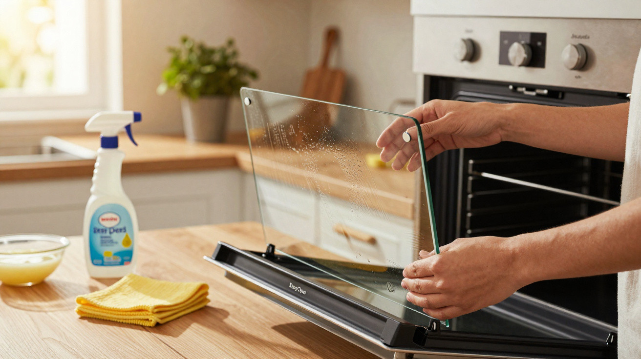 Person removing a glass oven door for cleaning in a modern kitchen with cleaning spray and cloth nearby.