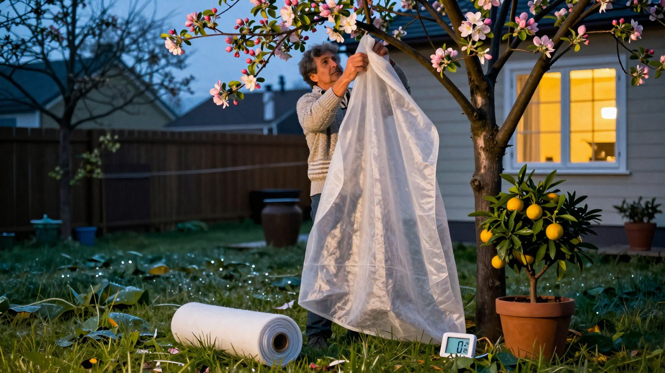 Person covering a blossoming tree with protective fabric in a garden at dusk near a house with lit window.