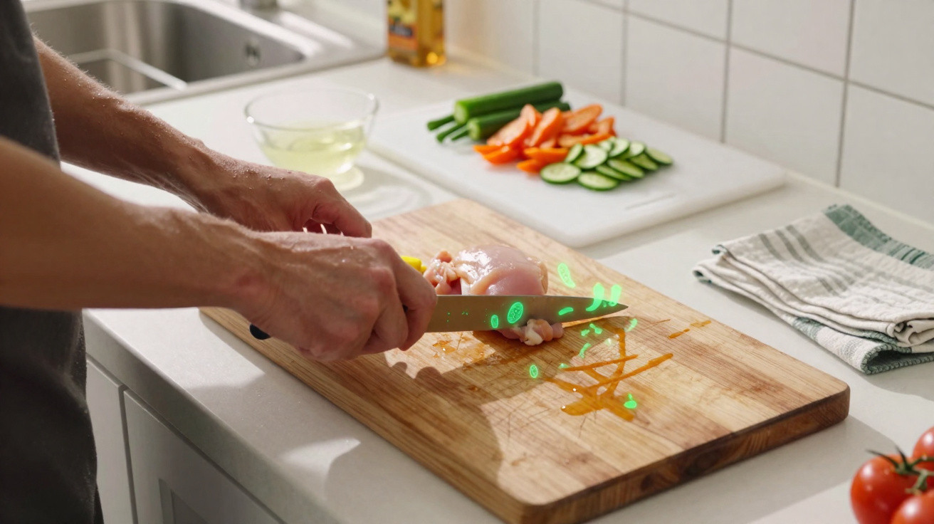 Person slicing raw chicken on a wooden board in a kitchen with chopped vegetables and towel nearby.
