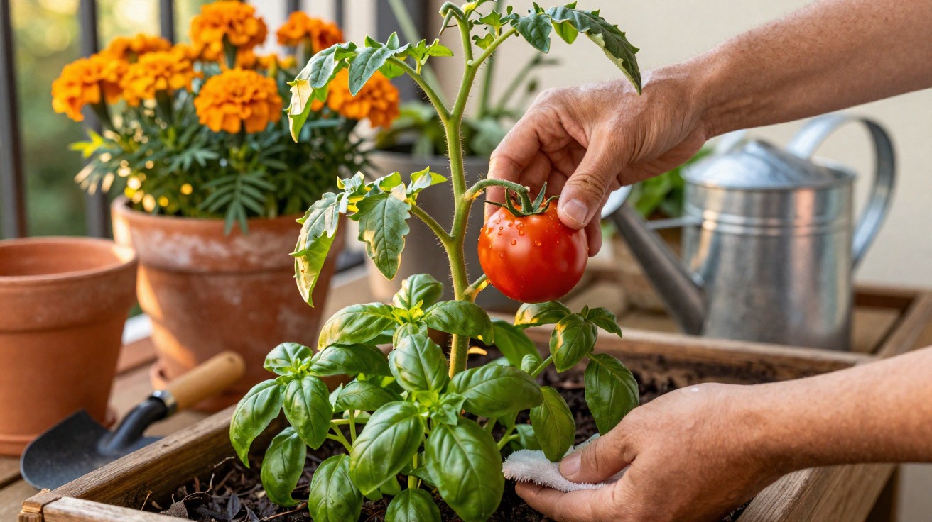 Hands harvesting a ripe red tomato from a plant in a wooden planter with marigold flowers and watering can nearby.