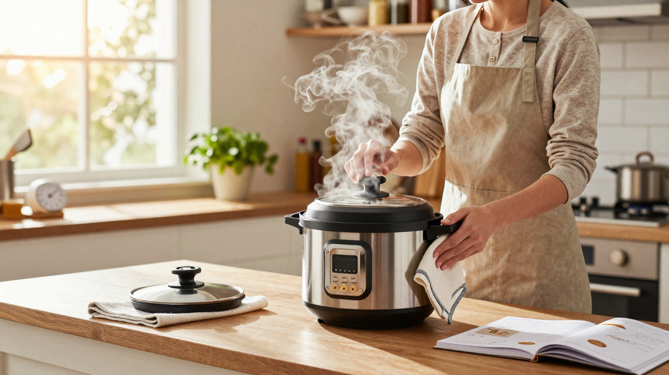 Person lifting lid off a steaming electric pressure cooker on a kitchen counter with a recipe book nearby.