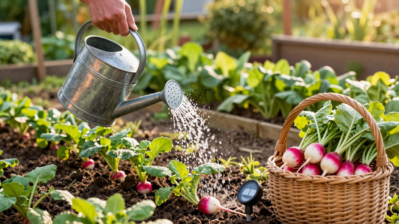 Hand watering radish plants in a garden bed with a basket of freshly picked radishes nearby.