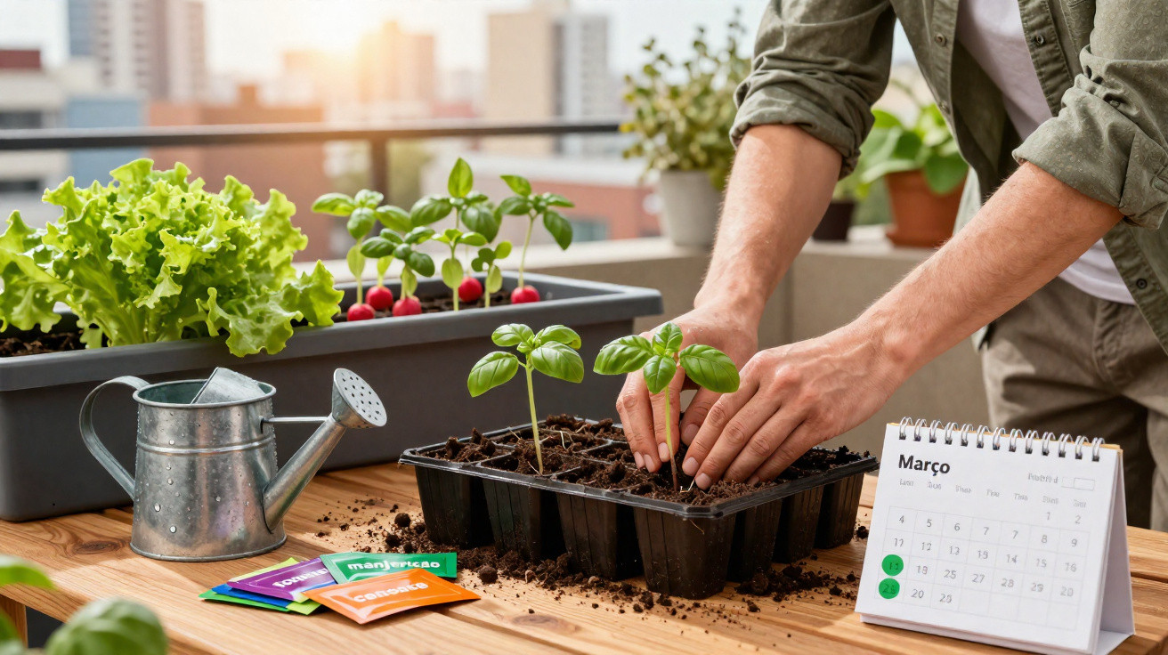 Person planting basil seedlings in a tray on a balcony with a watering can, seeds, and a March calendar.