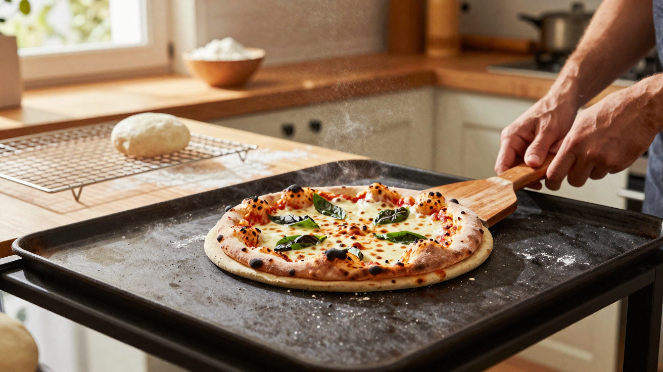 Freshly baked Margherita pizza being taken out of an oven on a wooden pizza peel in a home kitchen.