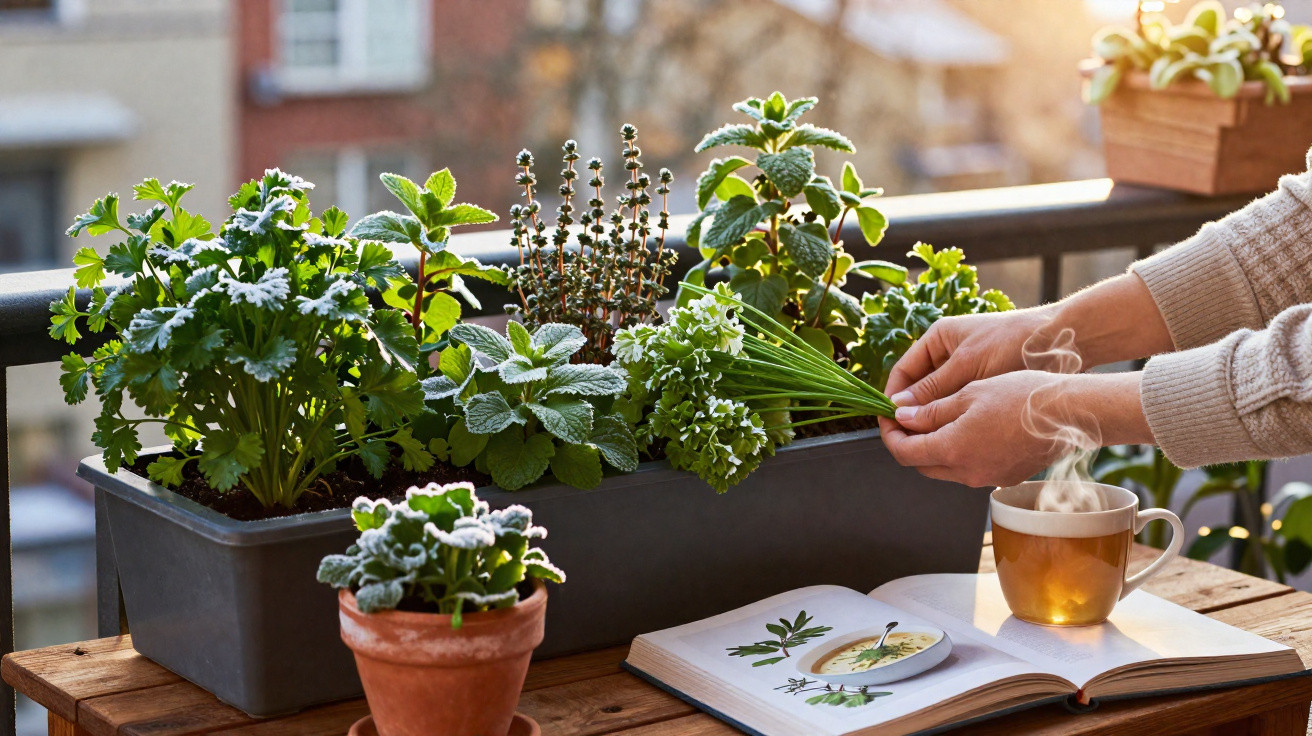 Hands harvesting fresh herbs from a planter on a balcony next to a steaming cup of tea and an open book.
