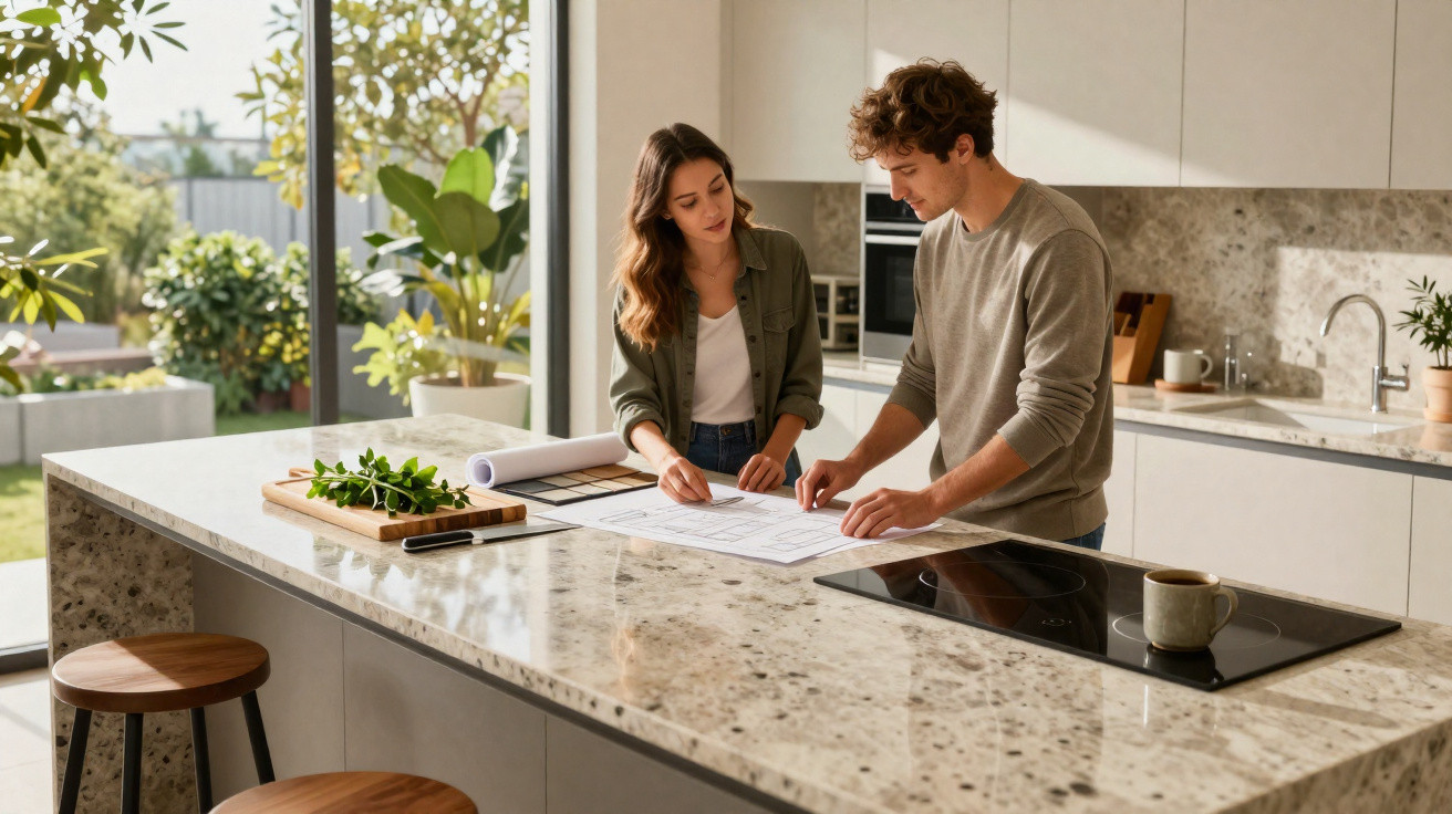 Couple discussing plans on blueprints on a kitchen island with stools by large windows and plants.