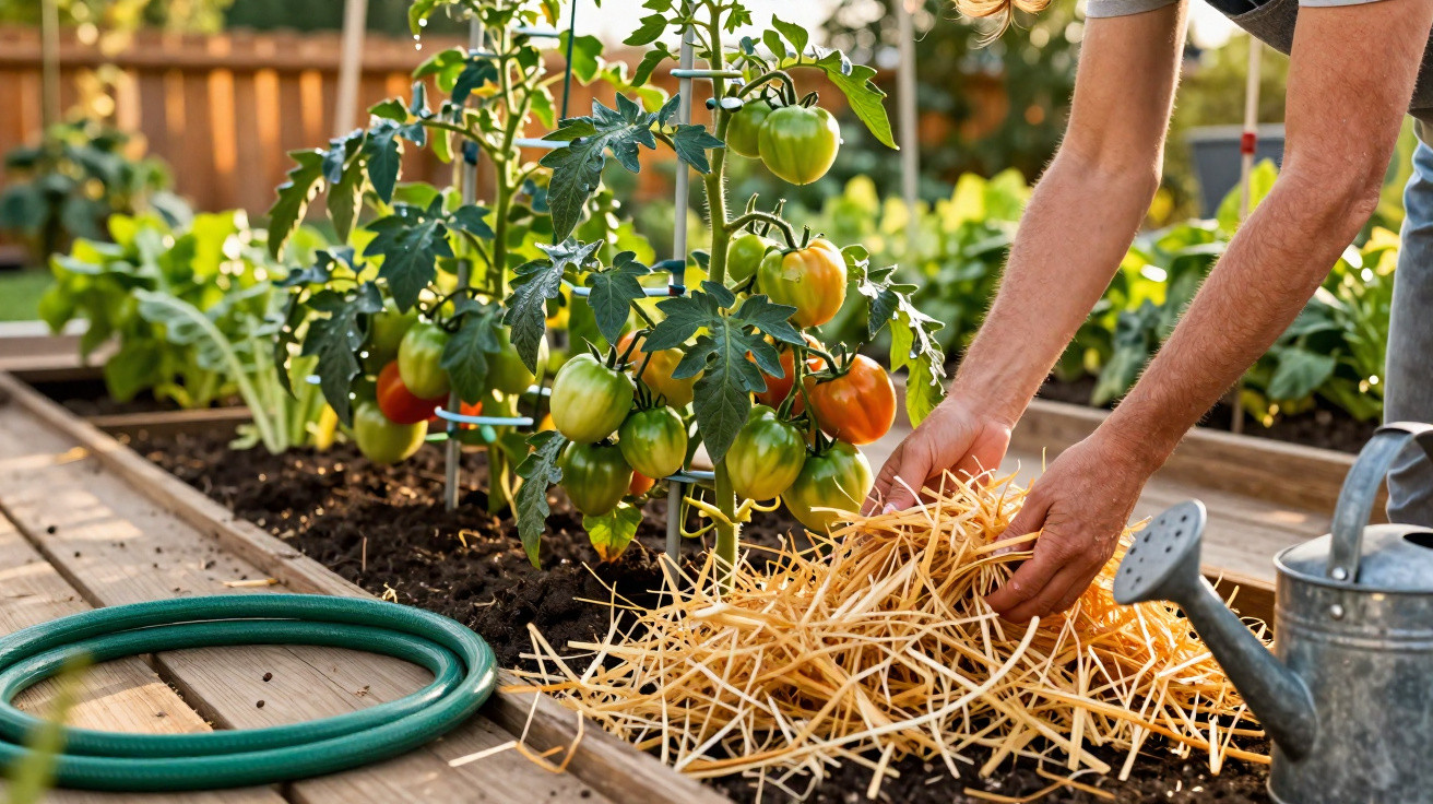 Person mulching soil around ripening tomato plants in a wooden raised garden bed at sunset.