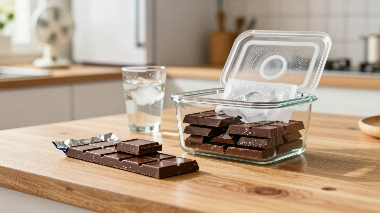 Glass container with chocolate bars and ice packs on a wooden kitchen countertop, next to a glass of ice water.