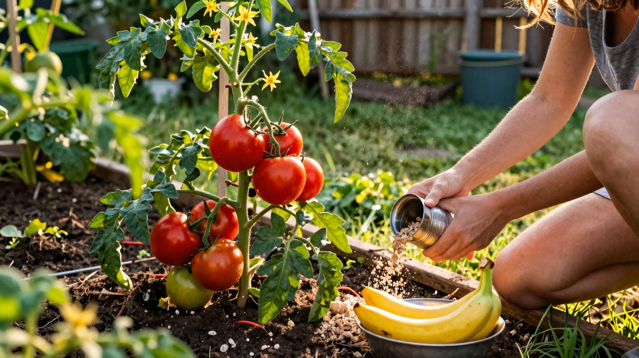 Person fertilising a tomato plant in a garden with fresh bananas in a bowl nearby.