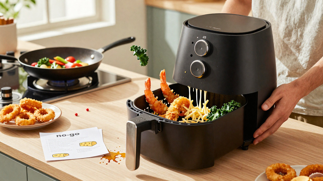 Person cooking battered shrimp and vegetables in a black air fryer on a kitchen counter.