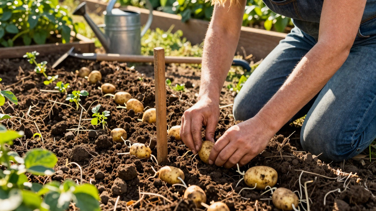 Person planting seed potatoes in soil in a raised garden bed on a sunny day.