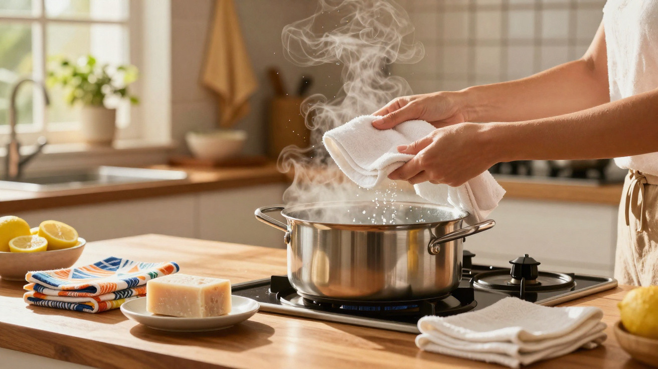 Person sprinkling salt into a steaming pot on a gas stove in a bright kitchen.