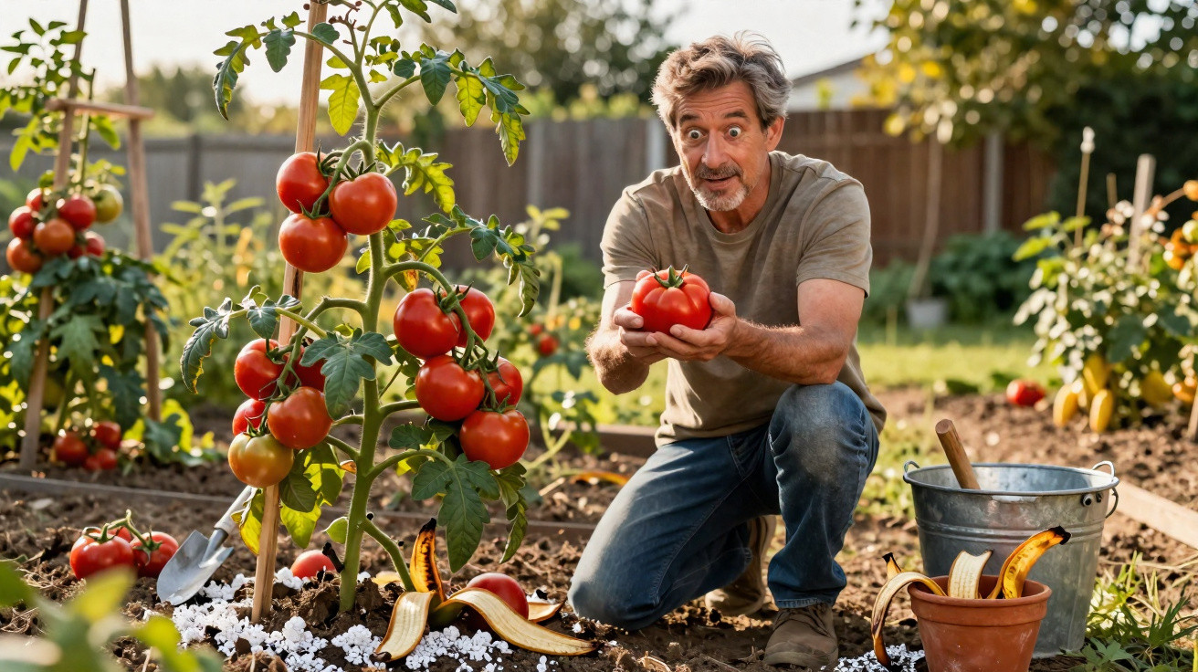Man kneeling in garden holding a large ripe tomato next to a tomato plant with red fruit.